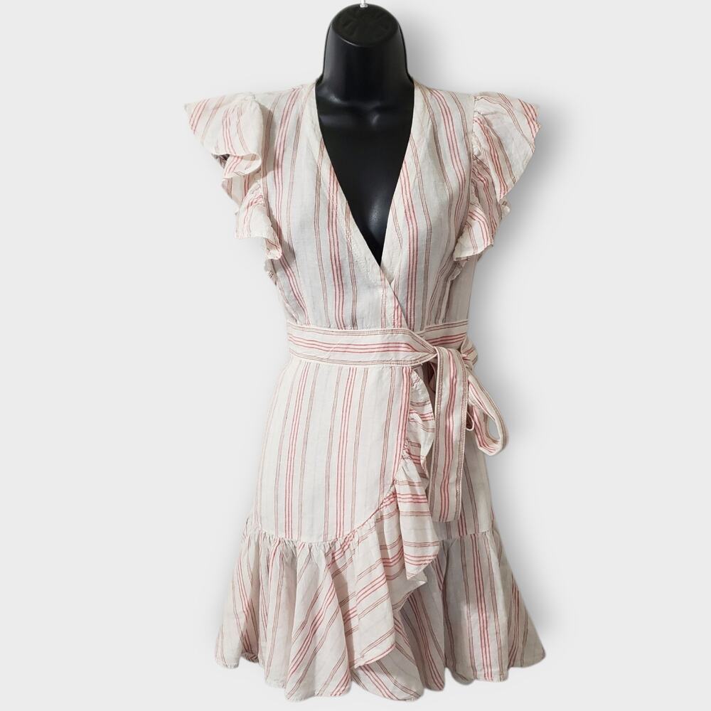 Rebecca Taylor Striped Ruffle Linen Mini Wrap Dress Sz 4 White Pink Surplice